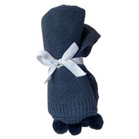 Knitted Pom Pom Baby Blanket - Navy Blue 70x100cm